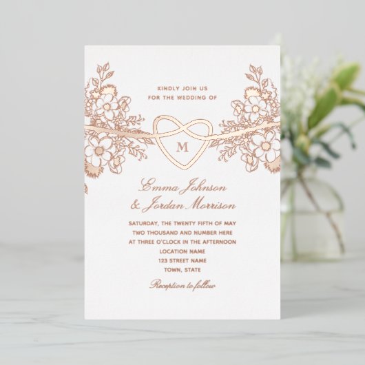 Roos Goud Bloemen Hart bruiloft Folie Uitnodigen Folie Uitnodiging (Staand Voorkant)