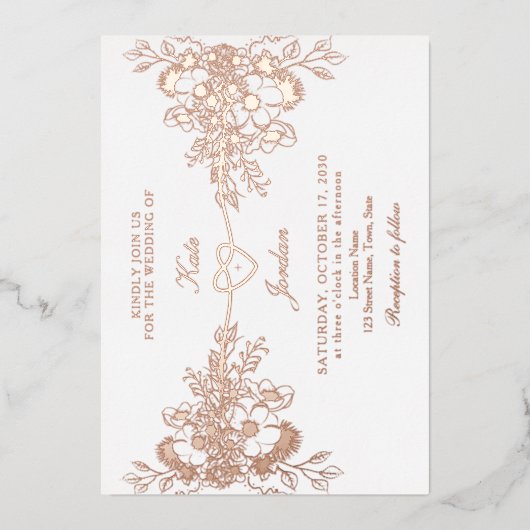 Roos Goud Bloemen Hart Folie bruiloft Uitnodigen Folie Uitnodiging (Voorkant)