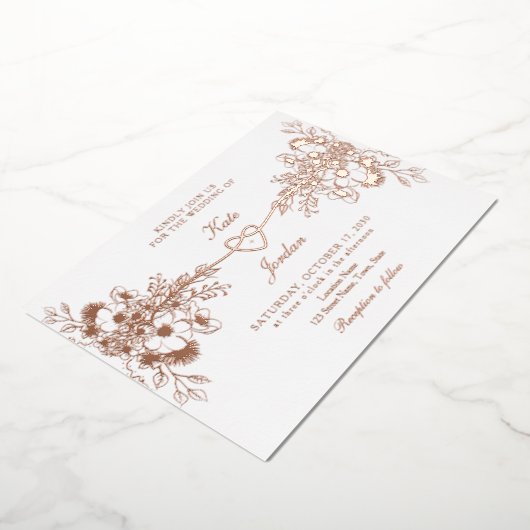 Roos Goud Bloemen Hart Folie bruiloft Uitnodigen Folie Uitnodiging (Gedraaid)