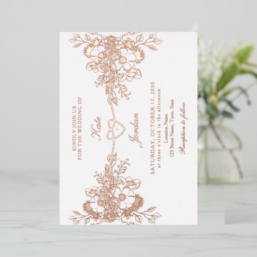 Roos Goud Bloemen Hart Folie bruiloft Uitnodigen Folie Uitnodiging (Staand Voorkant)