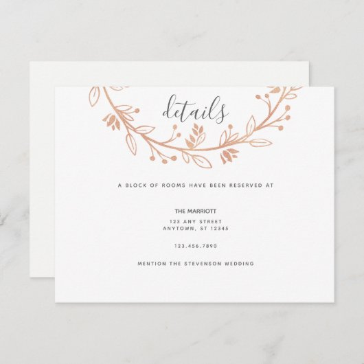 Roos Goud Bloemen Krans Modern Huwelijk Detail Kaa Informatiekaartje (Voorkant / Achterkant)