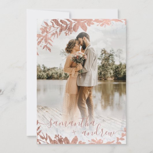 Roos Goud Bloemen Marmeren Script 5 foto's bruilof Kaart (Voorkant)