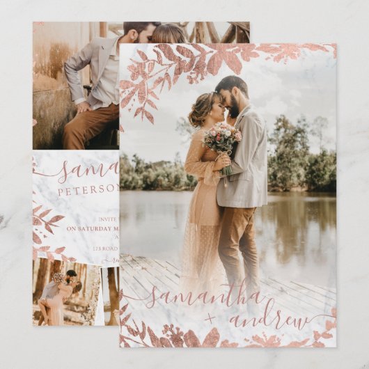 Roos Goud Bloemen Marmeren Script 5 foto's bruilof Kaart (Voorkant / Achterkant)