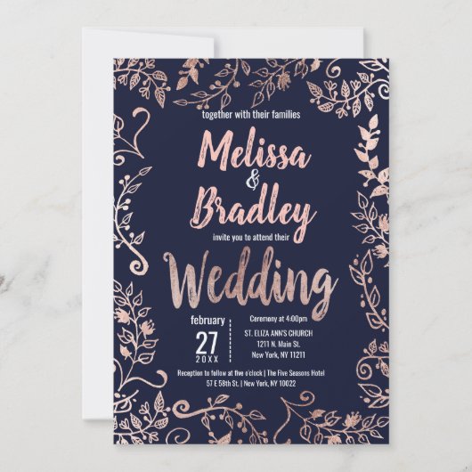 Roos Goud Bloemen Navy Blauw Borstel Script Bruilo Kaart (Voorkant)