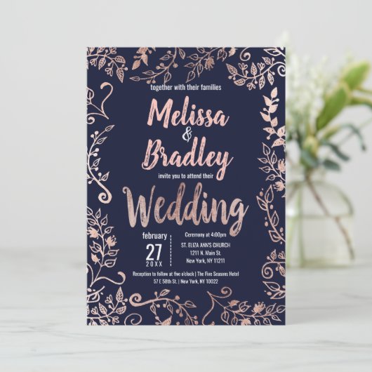 Roos Goud Bloemen Navy Blauw Borstel Script Bruilo Kaart (Staand voorkant)