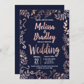 Roos Goud Bloemen Navy Blauw Borstel Script Bruilo Kaart (Voorkant / Achterkant)
