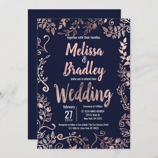 Roos Goud Bloemen Navy Blauw Borstel Script Bruilo Kaart (Voorkant / Achterkant)