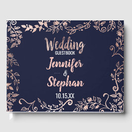 Roos Goud Bloemen Navy Blue Brush Script Gastboek Gastenboek