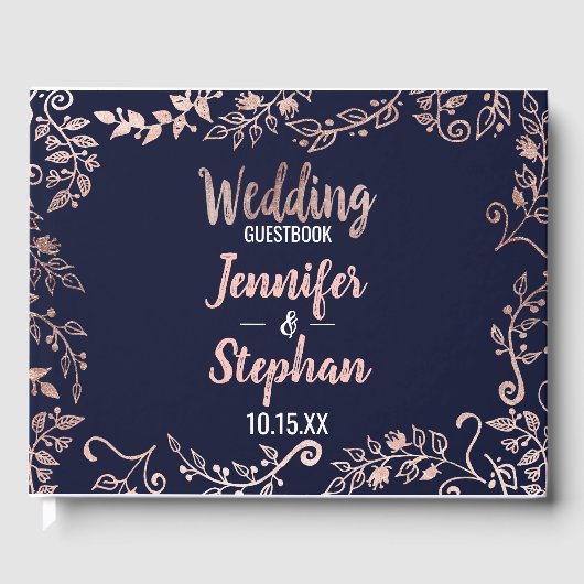 Roos Goud Bloemen Navy Blue Brush Script Gastboek Gastenboek (Voorkant)