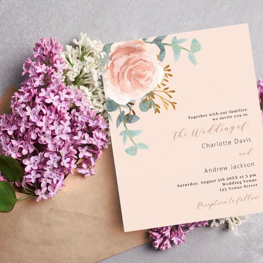 Roos Goud Bloemen Perzik Budget Bruiloft Uitnodigi