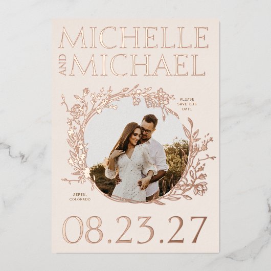 Roos Goud Bloemen Rand Foto Opslaan De Datum Kaart (Voorkant)