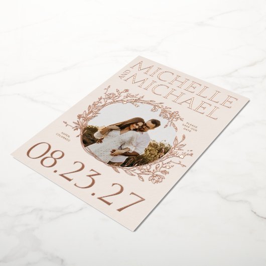 Roos Goud Bloemen Rand Foto Opslaan De Datum Kaart (Gedraaid)