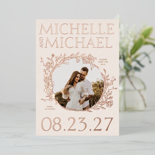 Roos Goud Bloemen Rand Foto Opslaan De Datum Kaart (Staand Voorkant)