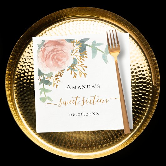 Roos goud bloemengroen elegant Sweet 16 Servet