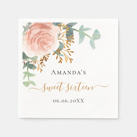 Roos goud bloemengroen elegant Sweet 16 Servet (Voorkant)