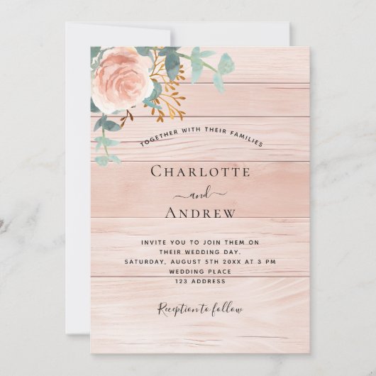 Roos goud bloemengroen hout bruiloft kaart (Voorkant)