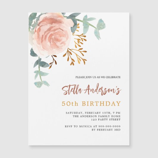 Roos goud bloemengroen luxe verjaardagsfeest magnetische uitnodiging (Voorkant)