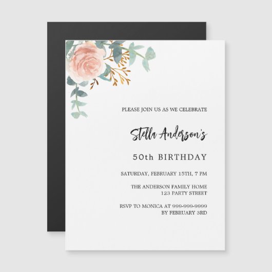 Roos goud bloemengroen luxe verjaardagsfeest magnetische uitnodiging (Voorkant / Achterkant)