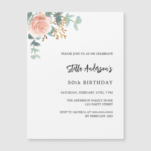 Roos goud bloemengroen luxe verjaardagsfeest magnetische uitnodiging (Voorkant)