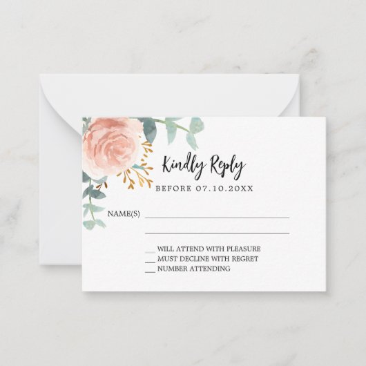 Roos goud bloemengroen verjaardagsreactie RSVP Notitiekaartje (Voorkant)