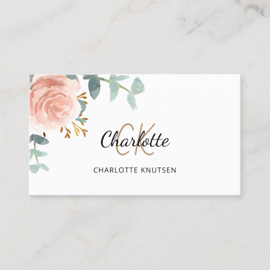 Roos goud bloemenmonogram QR code Visitekaartje (Voorkant)