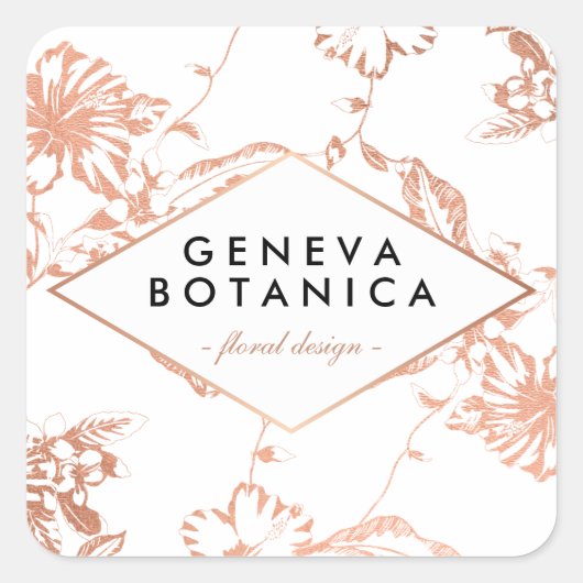 Roos Goud Bloemenpatroon op Witte Designer Vierkante Sticker (Voorkant)