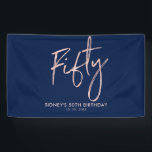 Roos goud & Blue 50th Birthday Party banner<br><div class="desc">Dit eenvoudige verjaardagsbannerontwerp biedt een stijlvol roos met de titel "50" met aangepaste tekst. U kunt de tekst personaliseren. Overeenkomende uitnodigingen voor 50e verjaardag en partijbenodigdheden zijn beschikbaar in mijn winkel BaraBomDesign.</div>