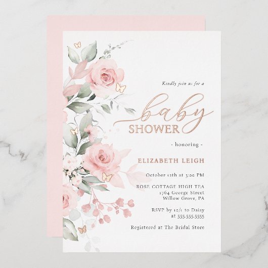 Roos goud Blush Bloemen Vlinder Baby shower Folie Uitnodiging (Voorkant / Achterkant)