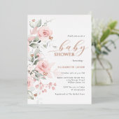 Roos goud Blush Bloemen Vlinder Baby shower Folie Uitnodiging (Staand Voorkant)
