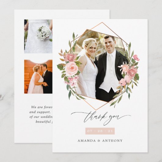 Roos Goud & Blush Geometrische Bruiloft Fotocollag Bedankkaart (Voorkant / Achterkant)