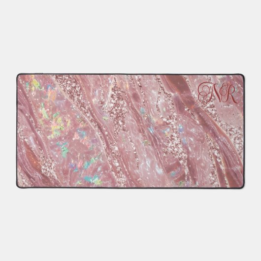 Roos Goud & Blush Glitter Holografisch Opal Marmer Bureaumat (Voorkant)
