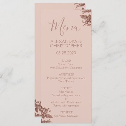 Roos Goud Blush Roze Bloemen Elegant Bruiloft Menu (Voorkant / Achterkant)