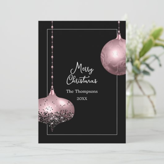 Roos Goud & Blush Roze Kerstballen Kerst Feestdagenkaart (Staand voorkant)