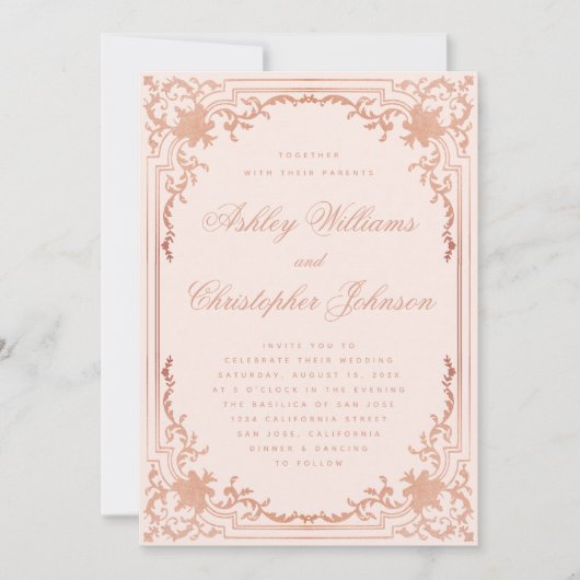  Roos Goud Blush Roze  Script Bruiloft Kaart (Voorkant)