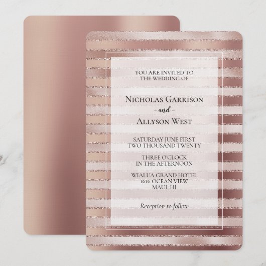 Roos Goud Blush Roze Strepen Glitz Bruiloft Kaart (Voorkant / Achterkant)
