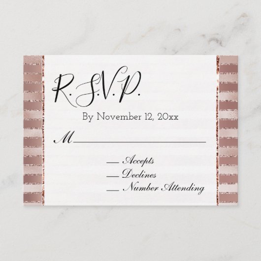 Roos Goud Blush Roze Strepen Glitz Bruiloft RSVP Informatiekaartje (Voorkant)