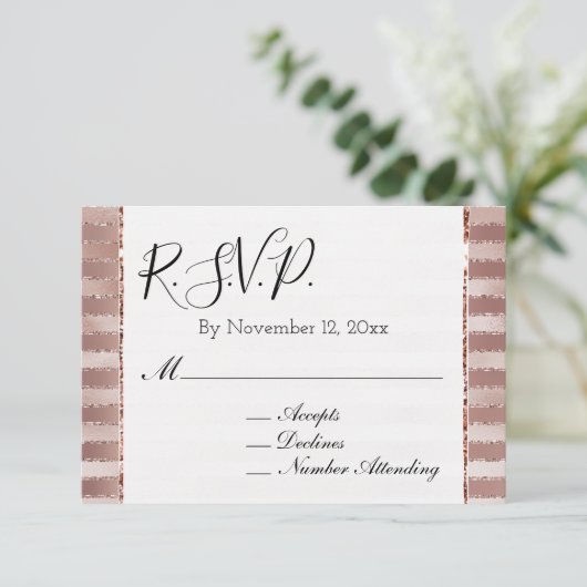 Roos Goud Blush Roze Strepen Glitz Bruiloft RSVP Informatiekaartje (Staand voorkant)