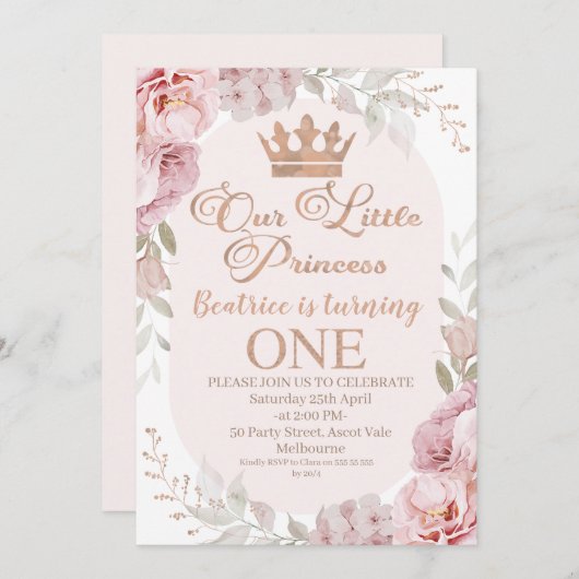 Roos Goud Boho Bloemen Prinses 1e Verjaardag Kaart (Voorkant / Achterkant)