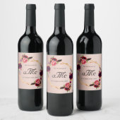 Roos goud bordeaux bloemengeo monogram bruiloft wijn etiket (Flessen)