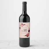 Roos goud bordeaux bloemengeo monogram bruiloft wijn etiket (Voorkant)