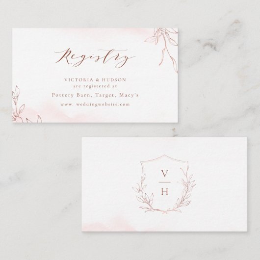 Roos Goud botanisch crest monogram bruid Register Plaatskaartje (Voorkant / Achterkant)