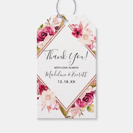 Roos Goud Bourgondië & Blush Roze Bloemen Dank u Cadeaulabel (Voorkant)