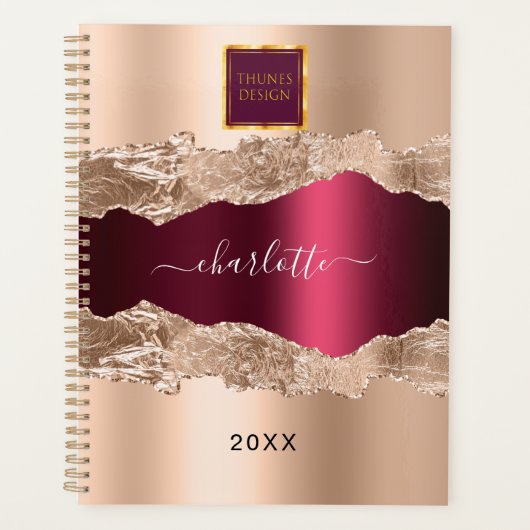 Roos goud burgundy agate marmer business logo planner (Voorkant)