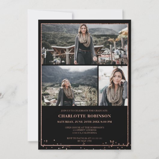 Roos goud confetti border script foto afstuderen kaart (Achterkant)