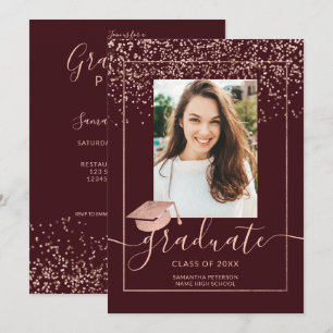 Roos goud confetti burgundy typografie afstuderen kaart