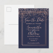 Roos Goud confetti Marine Blauwe Rand Bewaar de da Aankondigingskaart (Voorkant / Achterkant)