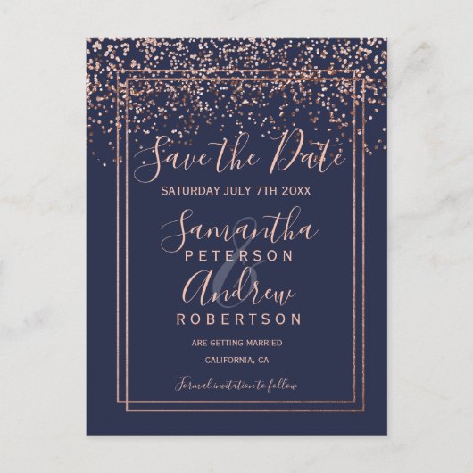 Roos Goud confetti Marine Blauwe Rand Bewaar de da Aankondigingskaart (Voorkant)