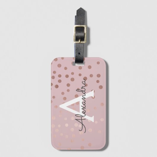 Roos Goud Confetti Monogram Naam en Initiaal Bagagelabel (Voorkant (verticaal))