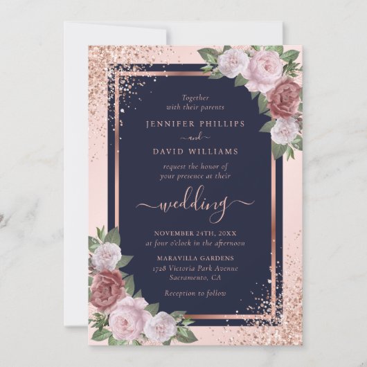 Roos Goud Confetti Navy Blue Blush Bloemen Huwelij Kaart (Voorkant)