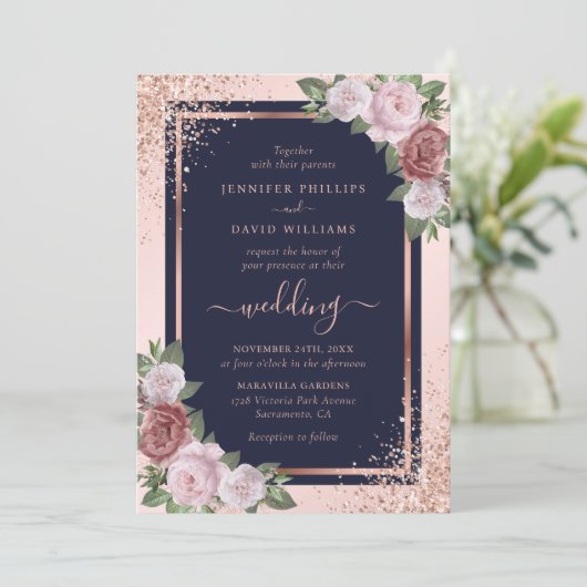 Roos Goud Confetti Navy Blue Blush Bloemen Huwelij Kaart (Staand voorkant)